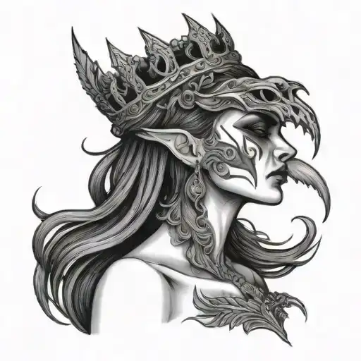 the morrigan with crown wings wrapped around face  tattoo design idea