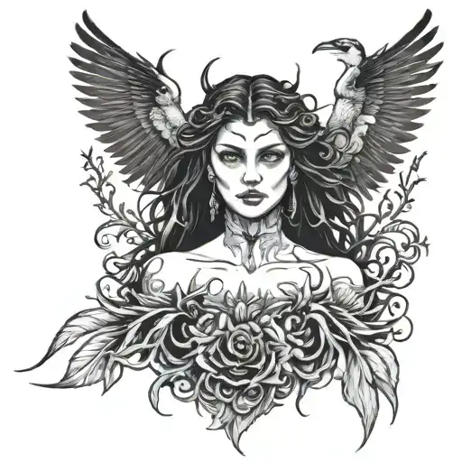 the morrigan face morphing from crow wings  tattoo design idea