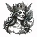 the morrigan with crown wings wrapped around face  tattoo design idea