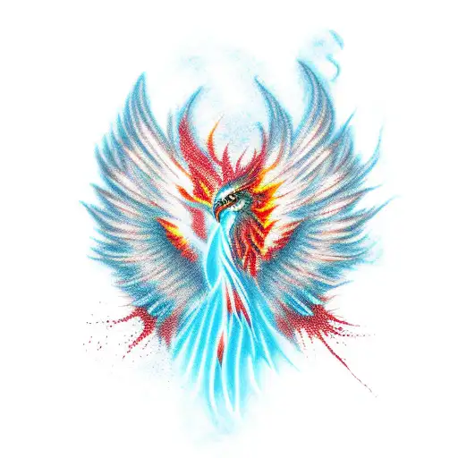Phoenix, red and cyan colors flame background tattoo design idea
