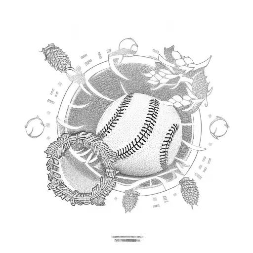 baseball stadium surrounded by a wreath of hops and barley with 3 friends in serapes tattoo design idea