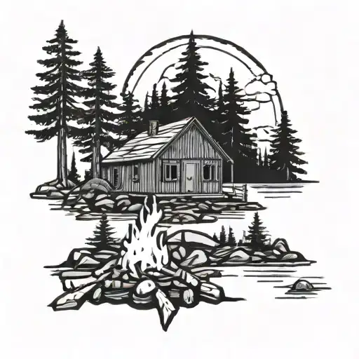 cabin, forrest, rock shore, campfire, eagle tattoo design idea