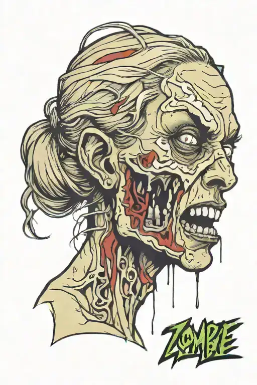 A detailed, horrifying female zombie head with no lower jaw tattoo design idea