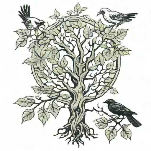 mirrored tree dead alive leaves branches dove raven norse symbols tattoo design idea