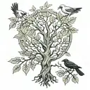mirrored tree dead alive leaves branches dove raven norse symbols tattoo design idea