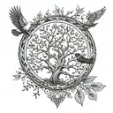 mirrored tree dead alive leaves branches dove raven norse symbols tattoo design idea
