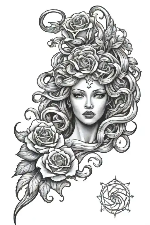 medusa forearm tattoo, roses around it tattoo design idea