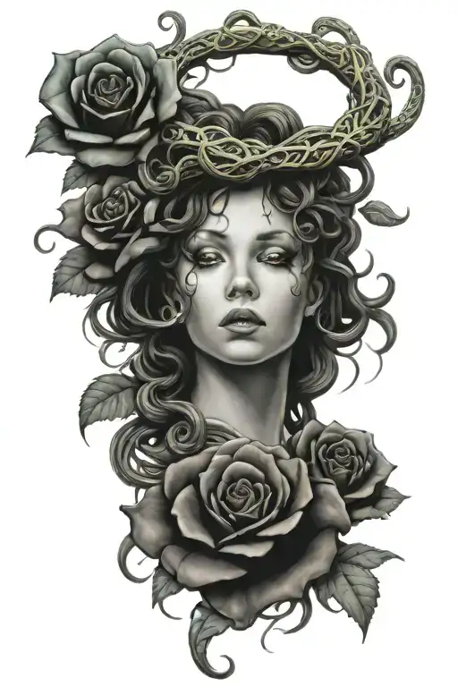 medusa forearm tattoo, roses around it tattoo design idea