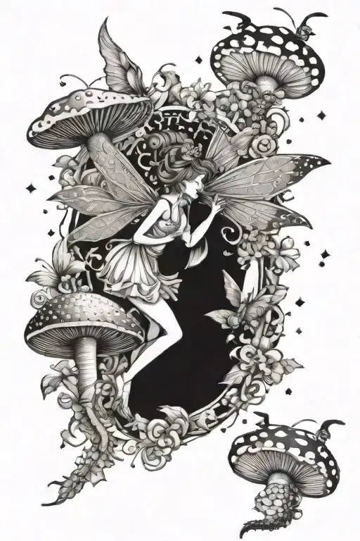 fairies, moons, dragons, mushrooms and bees flying tattoo design idea