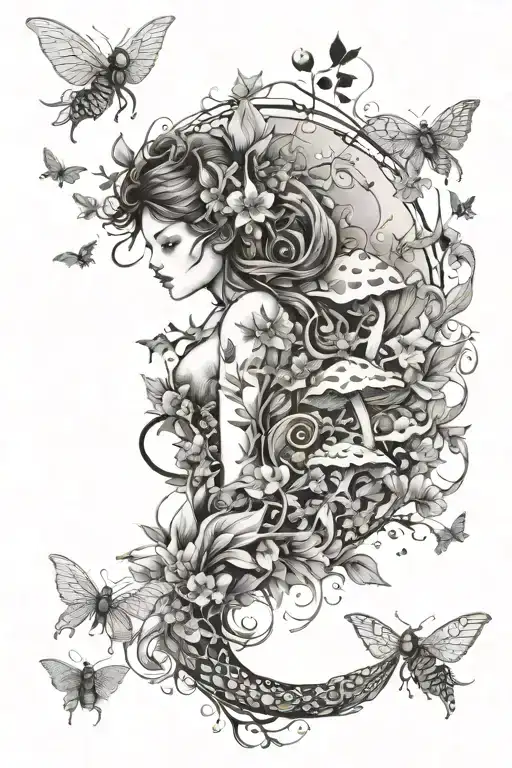 fairies, moons, dragons, mushrooms and bees flying tattoo design idea