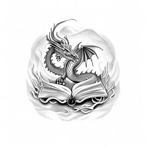 dragon reading the book in roses tattoo design idea