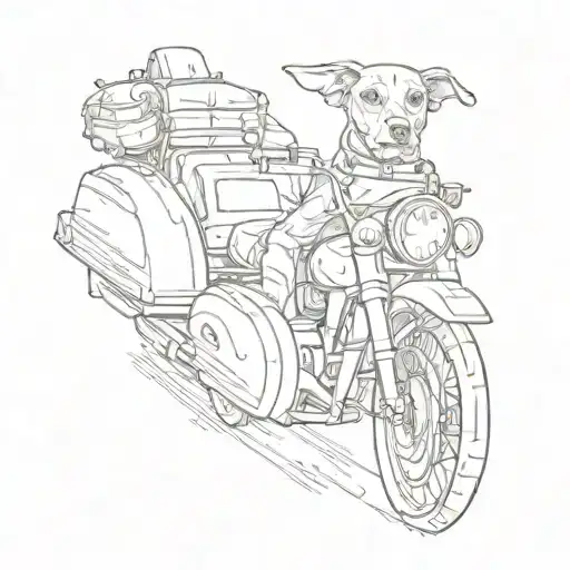 A minimalist sketch of a sleek motorbike with a dog riding in the sidecar tattoo design idea