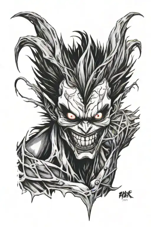 ryuk manga panel, powerful, black and white tattoo design idea