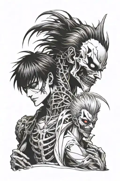 LIGHT YAGAMI WITH RYUK BEHIND HIM WHISPERING EVIL JAPANESE manga panel Both insanely strong and powerful, blackand white tattoo design idea
