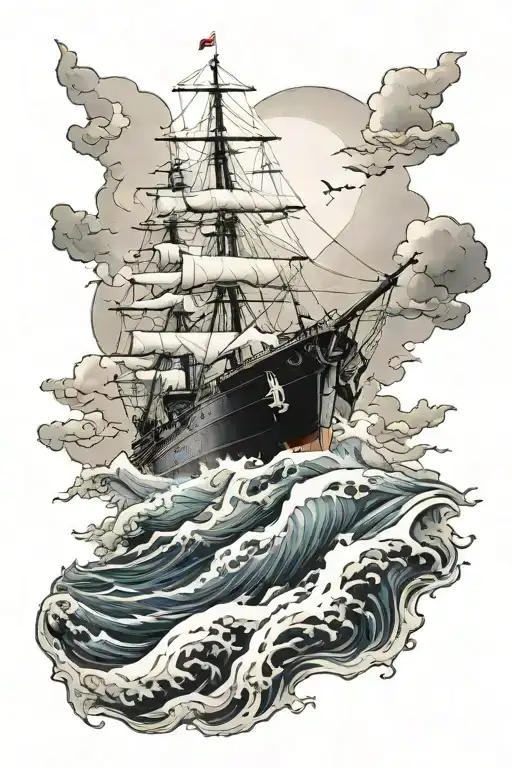 naval ship sailing through stormy sea with cristian fillings  tattoo design idea