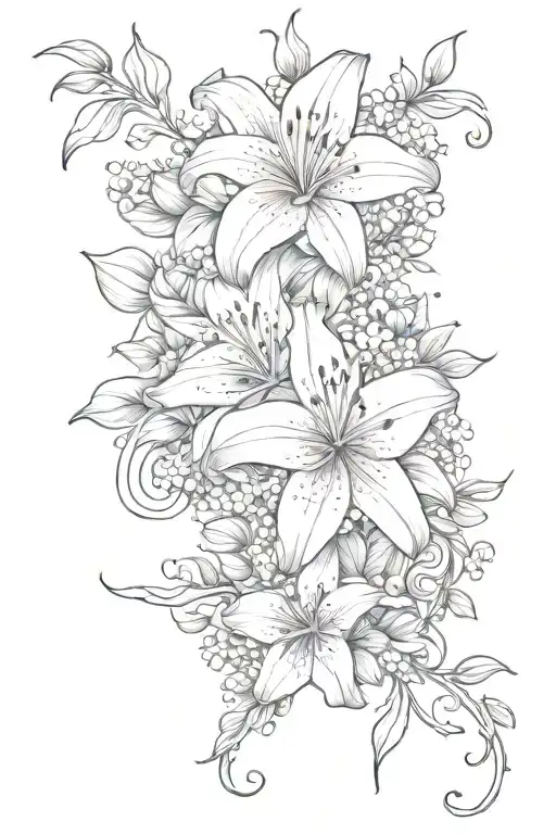 vines stargazer lily baby's breath  and roses intertwined  tattoo design idea
