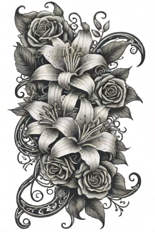 vines stargazer lily baby's breath  and roses intertwined  tattoo design idea