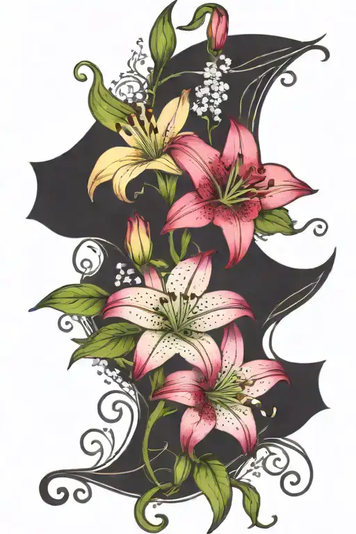vines stargazer lily baby's breath  and roses intertwined  tattoo design idea