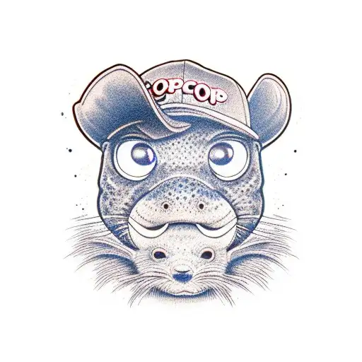 Louie-Bloo Raspberry, the otter pop character, full body. He is wearing black trucker hat with whi tattoo design idea