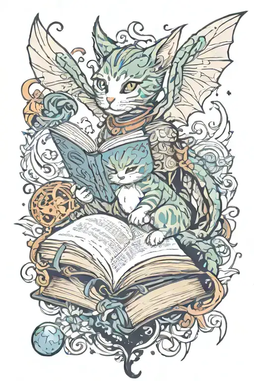 cat with an open book and dragons flying out the book tattoo design idea