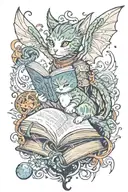 cat with an open book and dragons flying out the book tattoo design idea