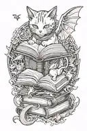 cat with an open book and dragons flying out the book tattoo design idea