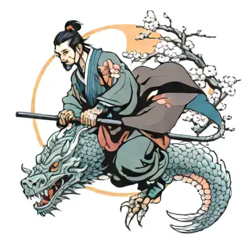 A samurai ronin, sitting under a sakura tree, above him is a mugen tskuyomi moon and a dragon flying in the air. tattoo design idea