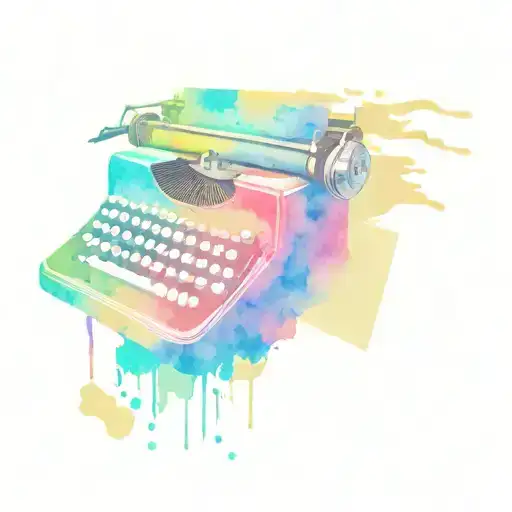 vintage color typerwriter with missing keys and pages spilling out. page in typewriter says broken but still works tattoo design idea