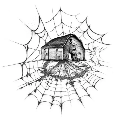 A rustic barn with a spiderweb design tattoo design idea