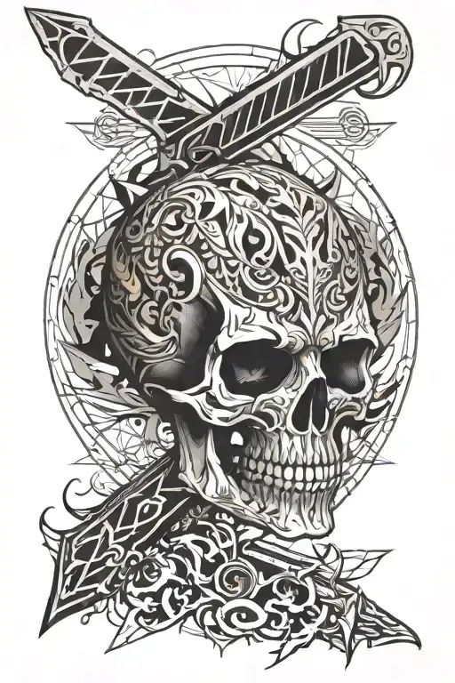 skull and combat knife with flame aura tattoo design idea