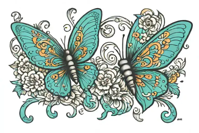 turquoise butterflies with the word slut in the design tattoo design idea