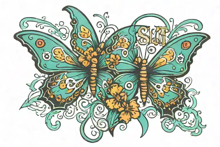 turquoise butterflies with the word slut in the design tattoo design idea
