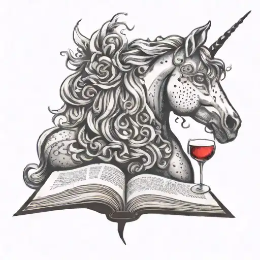 Unicorn read a book and drink wine glass filled tattoo design idea