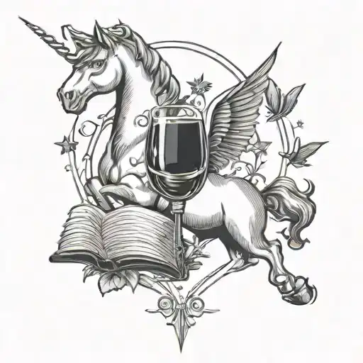 Unicorn and book and drink wine glass filled sky tattoo design idea