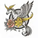 Design a combined tattoo featuring the symbol of Sagittarius, representing strength, tranquility, hope, wings, A letter tattoo design idea
