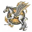 Design a combined tattoo featuring the symbol of Sagittarius, representing strength, tranquility, hope, wings, A letter tattoo design idea