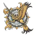 Design a combined tattoo featuring the symbol of Sagittarius, representing strength, tranquility, hope, wings, A letter tattoo design idea