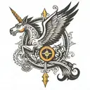 Design a combined tattoo featuring the symbol of Sagittarius, representing strength, tranquility, hope, wings, A letter tattoo design idea