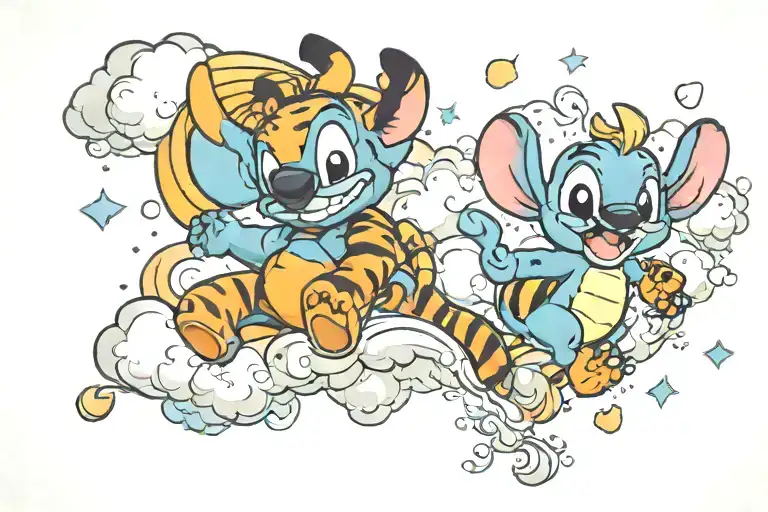Stitch and Tigger clouds floating tattoo design idea