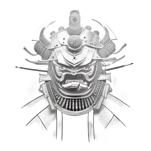 portrait of a samurai armor head biting a katana, One Eye Is White, One Eye Is black tattoo design idea