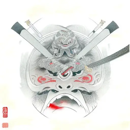 portrait of a Ronin biting a katana, One Eye Is White, One Eye Is black tattoo design idea