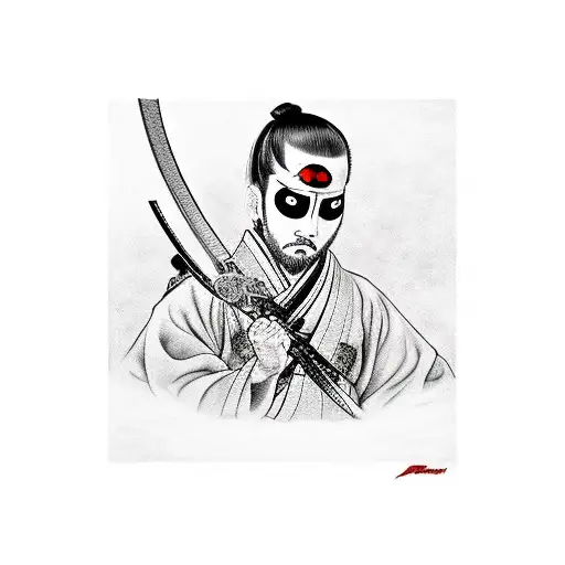 portrait of a Ronin biting a katana, One Eye Is White, One Eye Is black tattoo design idea