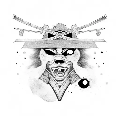  samurai armor head biting a katana, One Eye Is White, One Eye Is black tattoo design idea