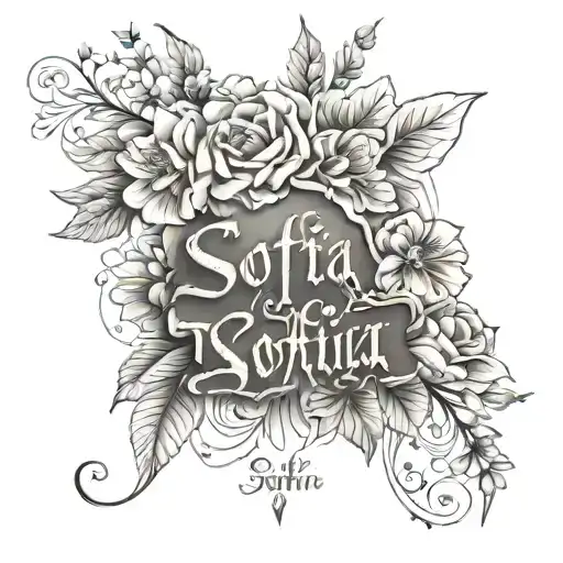 Forearm Sofia's name in the foreground and behind Agustina and Valentina decorated with flowers filling the gaps tattoo design idea