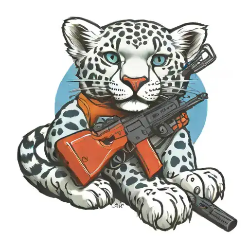 A snow leopard with a machine gun in its paws, wearing a blue VDV beret on its head tattoo design idea