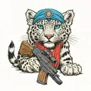 A snow leopard with a machine gun in its paws, wearing a blue VDV beret on its head tattoo design idea