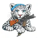 A snow leopard with a machine gun in its paws, wearing a blue VDV beret on its head tattoo design idea