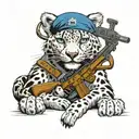 A snow leopard with a machine gun in its paws, wearing a blue VDV beret on its head tattoo design idea