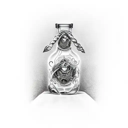 bottle shape like mid evil with music, vampires and a god of war tattoo design idea