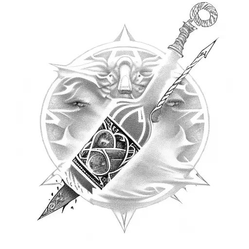 bottle shape like mid evil with music, vampires and a god of war tattoo design idea